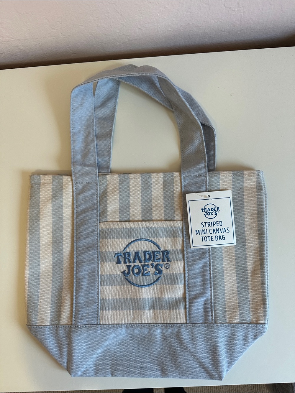 Trader Joe's Striped Mini Canvas Tote Bag in Light Blue and Cream